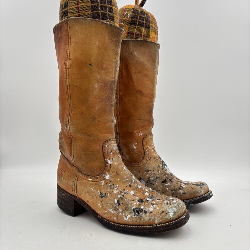 Vintage Frye Campus 14L Boots Women's 8B Square Toe Western Boho Paint Splatter - Picture 1 of 15